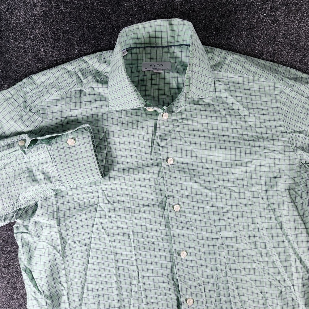 Eton Button Up Dress Shirt Mens XL Green Plaid Contemporary Fit 17/43
